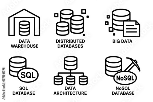 Vector illustration of data storage and management concepts: big data, sql, nosql, and data architecture icons