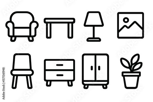 Minimalist furniture and decor icons vector illustration for modern design projects
