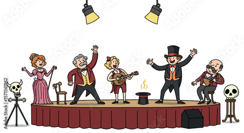 Vintage circus performance vector illustration: entertainers and musicians on stage for theater poster design