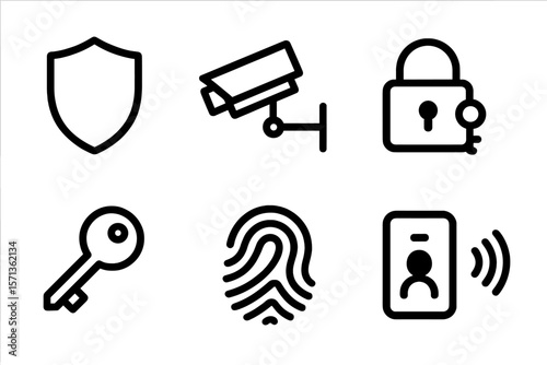 Security icons vector illustration: shield, cctv, lock, key, fingerprint, identification for technology design