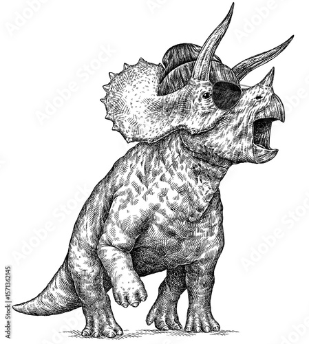 Vintage engraving isolated Triceratops glasses dressed fashion set illustration reptile ink sketch. Dinosaur background silhouette Jurassic sunglasses hipster hat art. Black and white hand drawn image