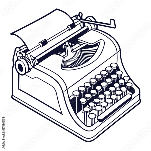 Illustration of a vintage typewriter with paper inserted and a full set of round keys displayed well