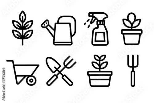 Gardening tools and plants vector illustration for design projects in line art style
