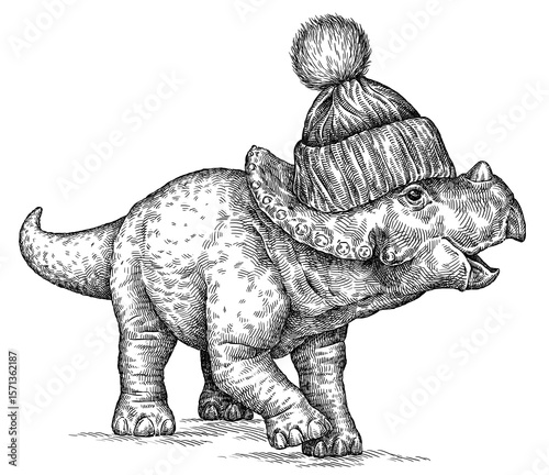Vintage engraving isolated Triceratops glasses dressed fashion set illustration reptile ink sketch. Dinosaur background silhouette Jurassic sunglasses hipster hat art. Black and white hand drawn image