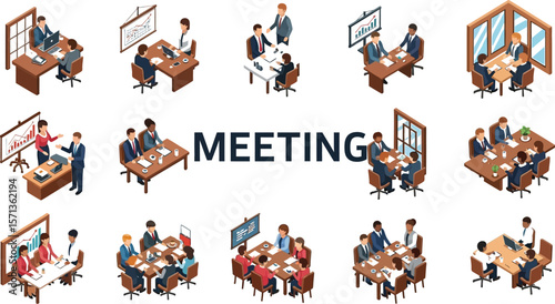 Isometric illustrations depicting various business meeting scenarios on white