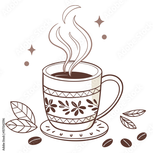 Stylized illustration of a coffee mug with steam, beans, leaves and star decorations around it