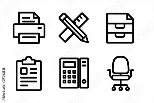 Office equipment icons vector illustration for business design: printer, stationery, file cabinet