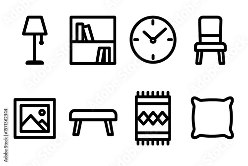 Home decor elements vector illustration: furniture and accessories for interior design