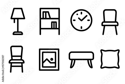 Minimalist home decor icons vector illustration - lamp, chair, clock, bookshelf, art, cushion, and stool set