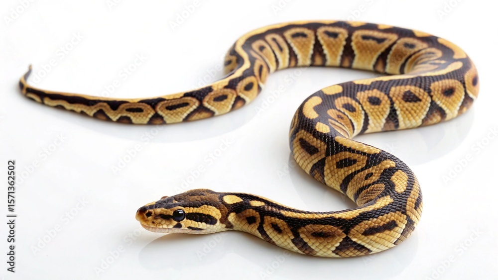 Fototapeta premium A classic ball python, with its iconic brown and black patterns, gracefully uncoiled on a pristine white background. Perfect for themes of exotic pets, reptiles, or animal beauty.