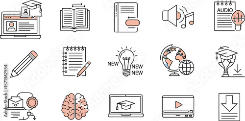 Vector illustration of online education and learning related icons set up well