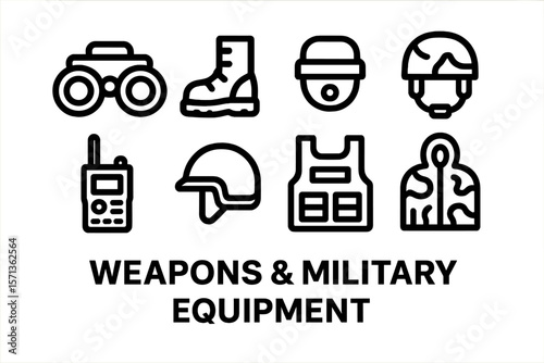 Military equipment and weapons vector illustration for design in minimalist line style