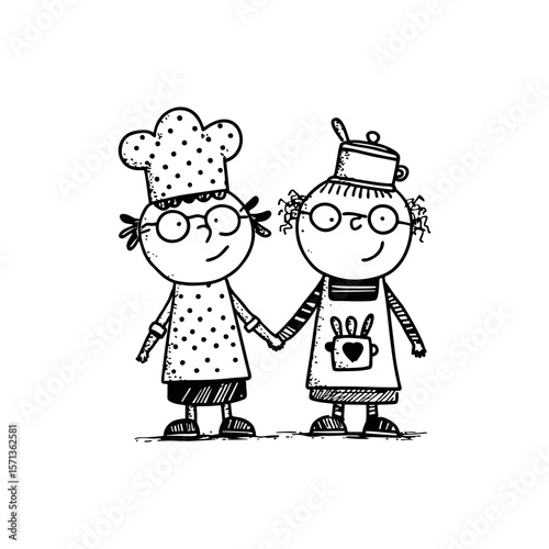 Hand drawn doodle of cheerful multicultural couple cooking together in chef outfits for culinary blog, kids menu design, or family food project on transparent background