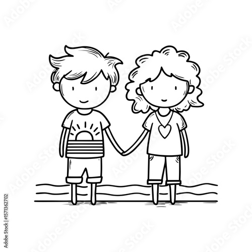 Smiling adult couple holding hands on beach shoreline, black doodle line style with sunrise and heart motifs, romantic summer vacation scene on transparent background for travel blogs or summer