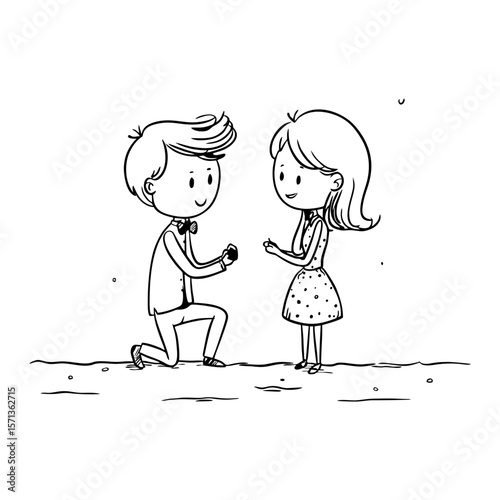 Romantic Caucasian couple engagement scene with man proposing to woman, hand drawn in black doodle style on transparent background for wedding invitations and Valentine's Day design.