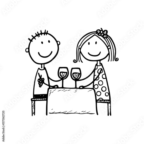 Smiling Caucasian couple enjoying red wine at café table, hand drawn in black doodle sketch style on transparent background for romantic dinner scenes and dating content.
