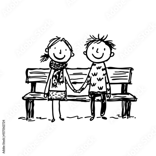 Caucasian couple holding hands on park bench in cozy clothes, hand drawn in sketchy doodle ink style on transparent background, for autumn love themes or greeting cards.