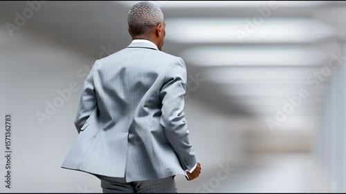 Corporate Stride: A smartly dressed businessperson confidently strides forward through a modern, minimalist corridor, symbolizing ambition, focus, and the pursuit of success. 