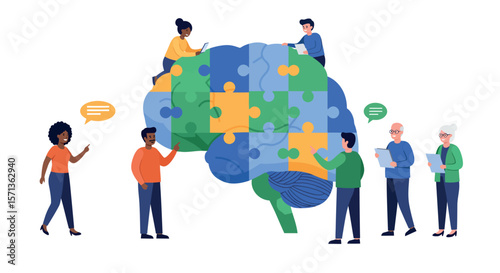 Collaborative brainstorming vector illustration for team problem solving concept in flat style