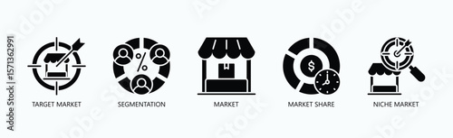 Mastering Market Dynamics Icon Set Isolated Vector With Icon Of Target Market, Segmentation, Market, Market Share, Niche Market In Glyph Style