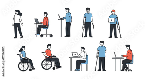 Inclusive office environment vector illustration with diverse employees and accessibility features
