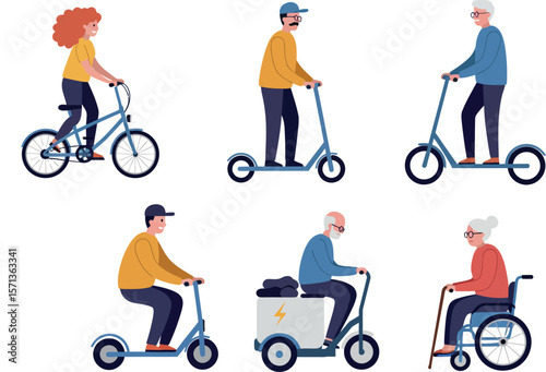 Active seniors and adults on mobility devices vector illustration - flat style for design and print