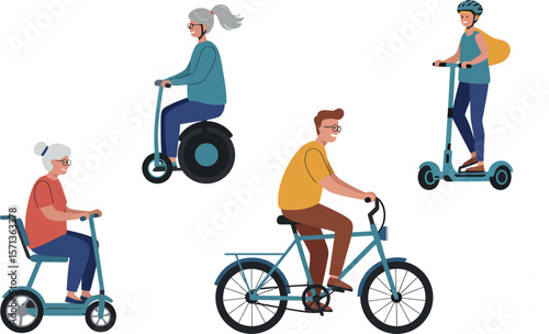 People enjoying different modes of eco-friendly transportation vector illustration
