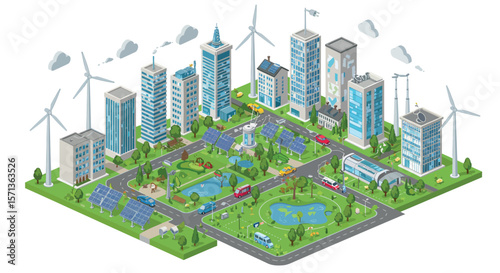 Sustainable cityscape with urban park and renewable energy elements vector illustration