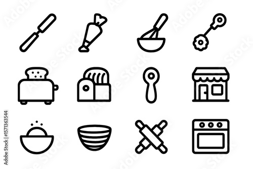 Kitchen utensils and bakery tools vector illustration - flat line icon set for culinary designs