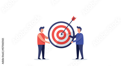 Business strategy concept with people targeting success at bullseye - flat vector illustration design for posters and presentations