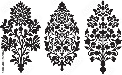A seamless vintage black and white floral pattern with decorative baroque tree and leaf elements perfect for ornate wallpaper illustration.