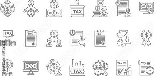 Collection of tax and finance related icons on a white background line art