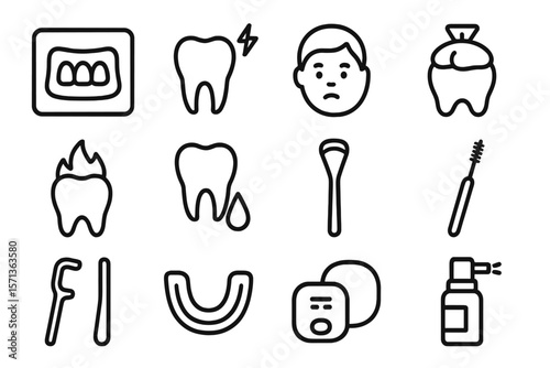Dental health icons vector illustration for oral care and hygiene design in line style