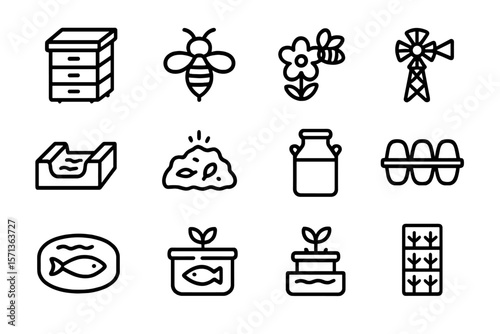 Agriculture and farming icons vector illustration - beekeeping, crop cultivation, fish farming, dairy, renewable energy, sustainable farm design