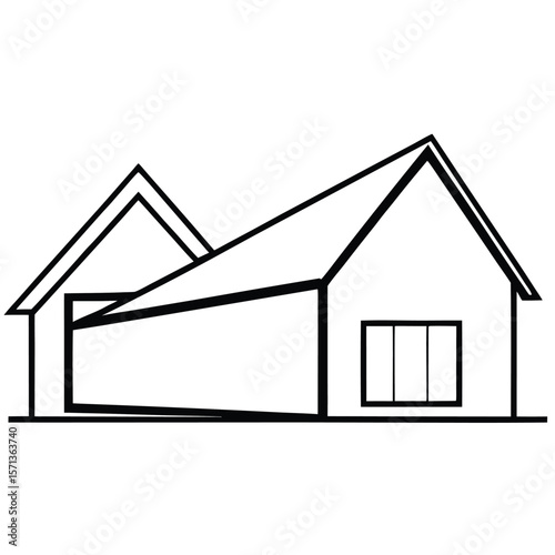 Modern house line drawing with geometric roof and window isolated on white background