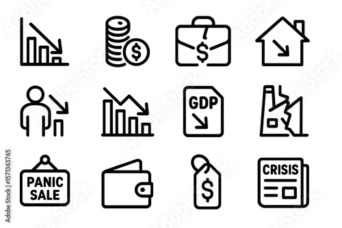 Economic crisis vector illustration with financial icons in minimalist style for infographics and reports