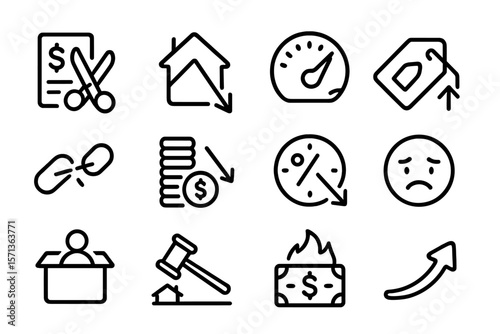 Economic challenges vector illustration set with budget cuts, inflation, and housing crisis icons