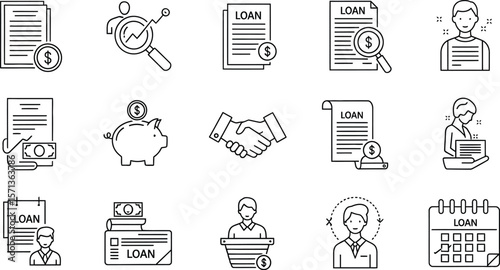 Line art illustration of loan and finance related icons on white background