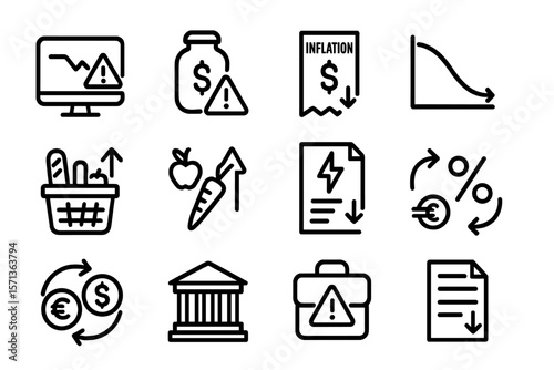 Economic impact vector illustration: inflation, market trends, financial alerts in line style for business design