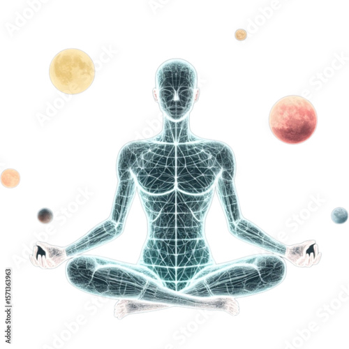 Hero levitating with planets around