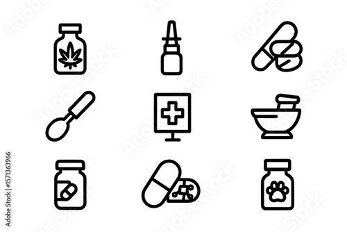 Medical icon set vector illustration: cannabis, pills, and healthcare symbols for design