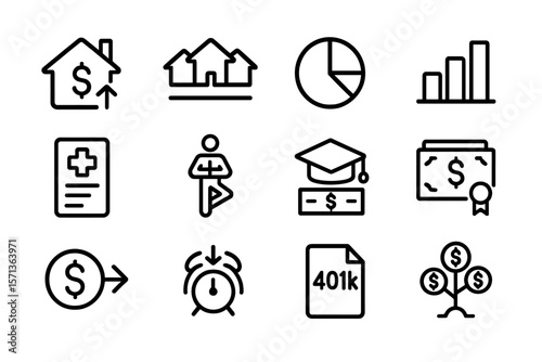 Financial and investment vector illustration with icons for savings, retirement, and budget planning