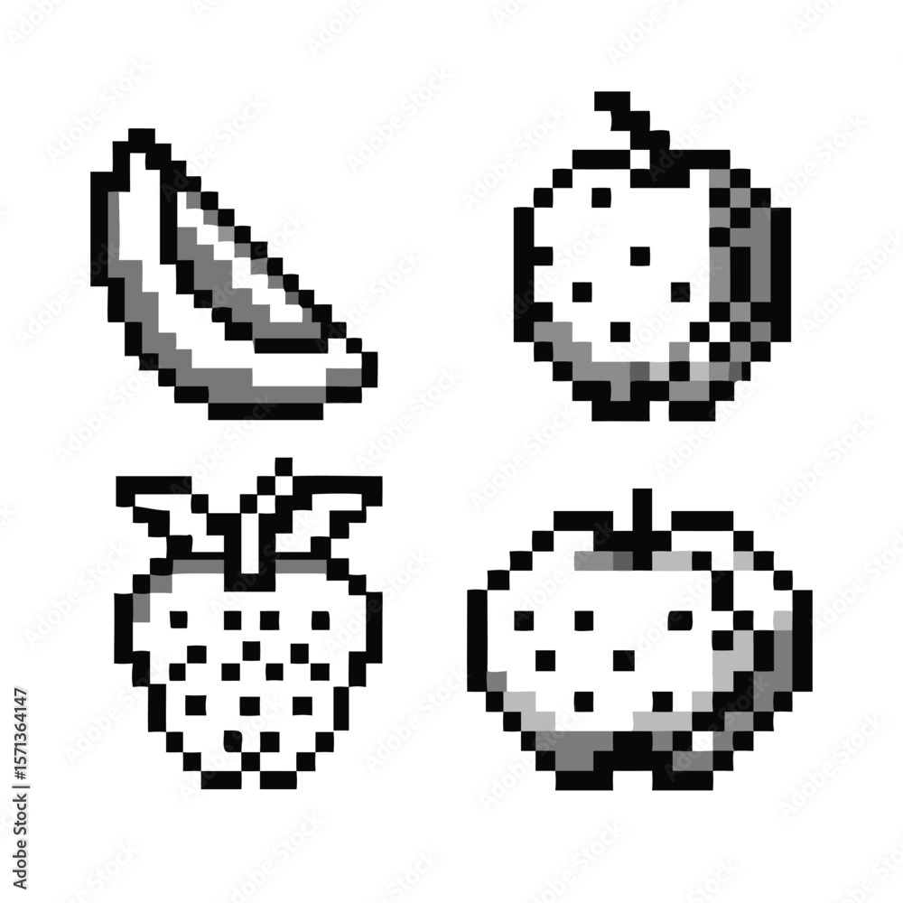 Fototapeta premium 8-bit 16-bit Fruits NES-style Pixel Art Icon Set. Monochrome Retro Gaming Sprites. Food & Healthy Symbols