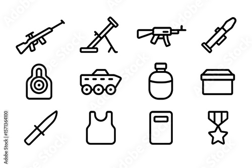 Military equipment icons vector illustration for security and defense design