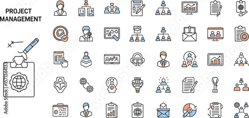 A collection of project management icons illustrating various concepts