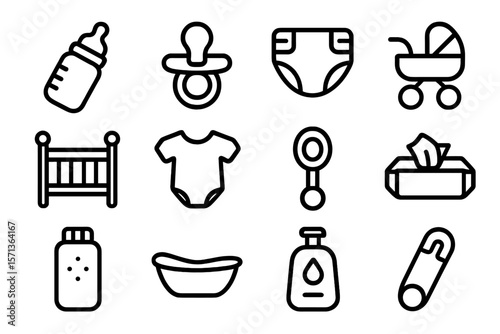 Baby essentials vector illustration in outline style for nursery design and baby products