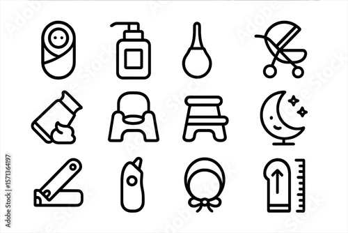 Baby essentials icon set vector illustration in minimalist style for design projects