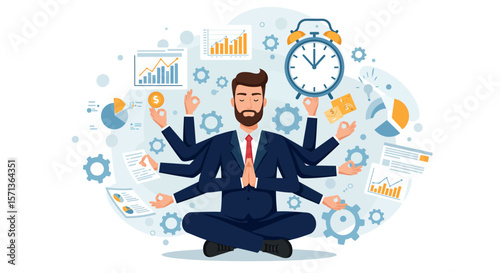 Multitasking businessman with multiple arms in meditation pose vector illustration for productivity and time management design