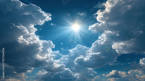 Clear Blue Sky with Bright Shining Sun and Fluffy White Clouds on a Sunny Day