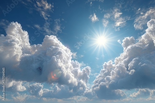 Clear Blue Sky with Bright Shining Sun and Fluffy White Clouds on a Sunny Day